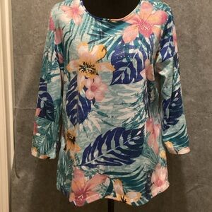 Allison Daley Floral 3/4 Sleeve Top - Blue, Pink, Green.  (C10)